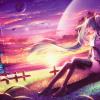 hatsune-miku-long-hair-anime-girl-sitting-at-beach-sunset-butterfly-2K-wallpaper