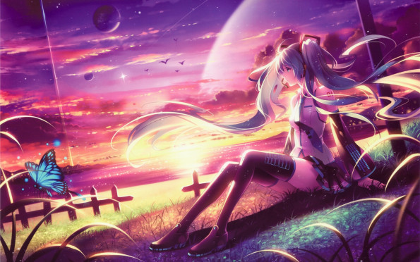 hatsune-miku-long-hair-anime-girl-sitting-at-beach-sunset-butterfly-2K-wallpaper
