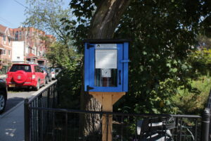 Photo of a blue little free library box