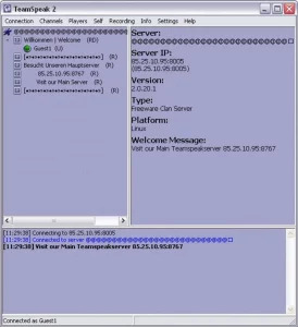 Photo of the Teamspeak 2 interface on Windows XP using the Silver Theme.