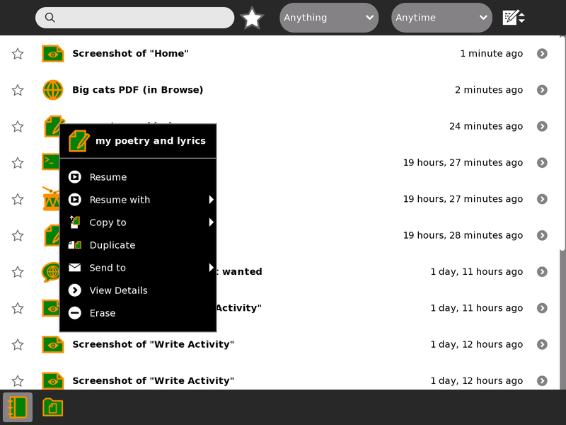 Journal - Activity showing its hover menu